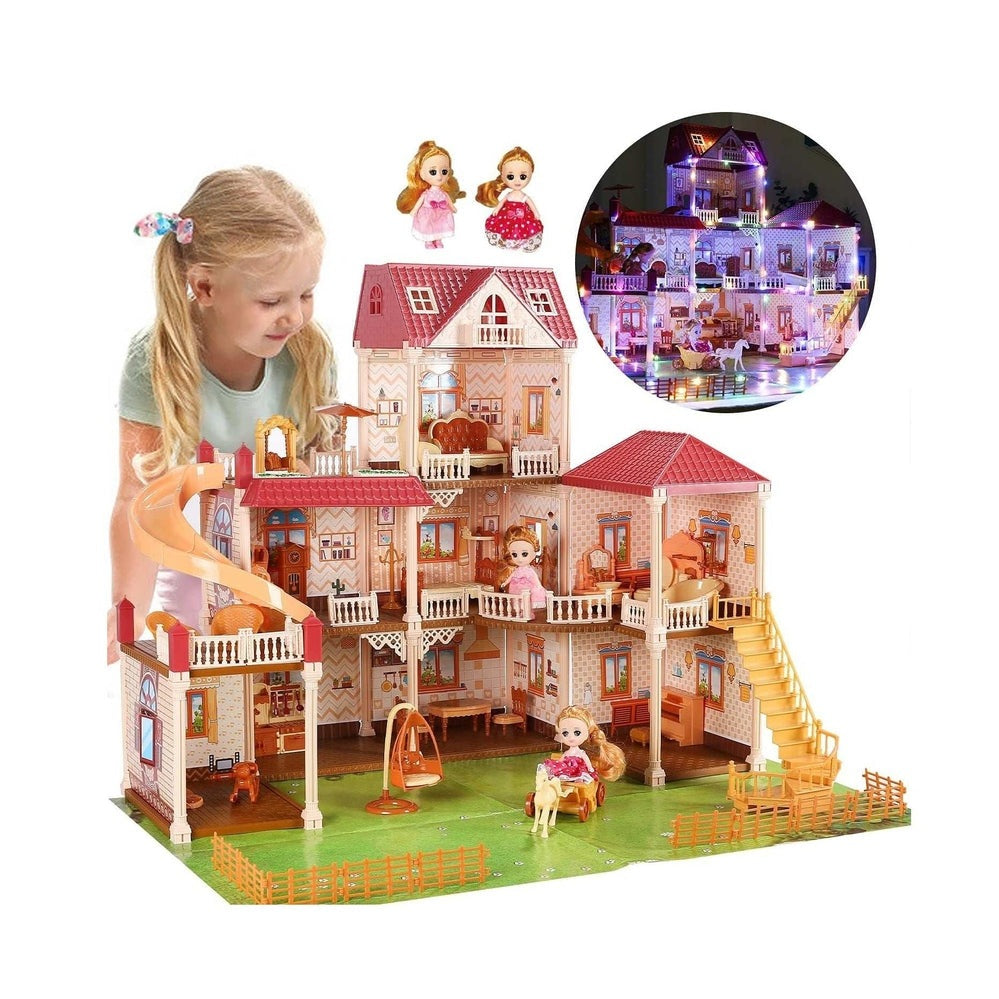 Cute Stone flashing dollhouse with pink multi-level design, spiral slide, furniture, 2 dolls and colorful lights