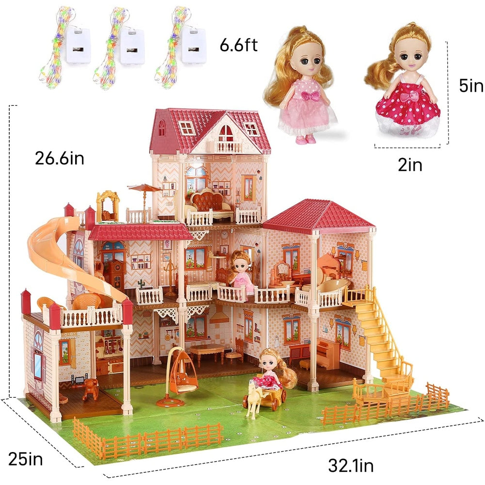 Cute Stone dollhouse playset with flashing lights, pink multi-story mansion and 3 dolls