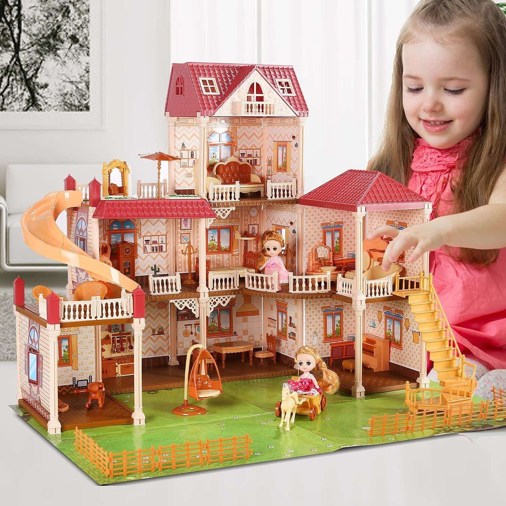 Cute Stone dollhouse, pink-peach multi-story with balcony, stairs, slide and included dolls