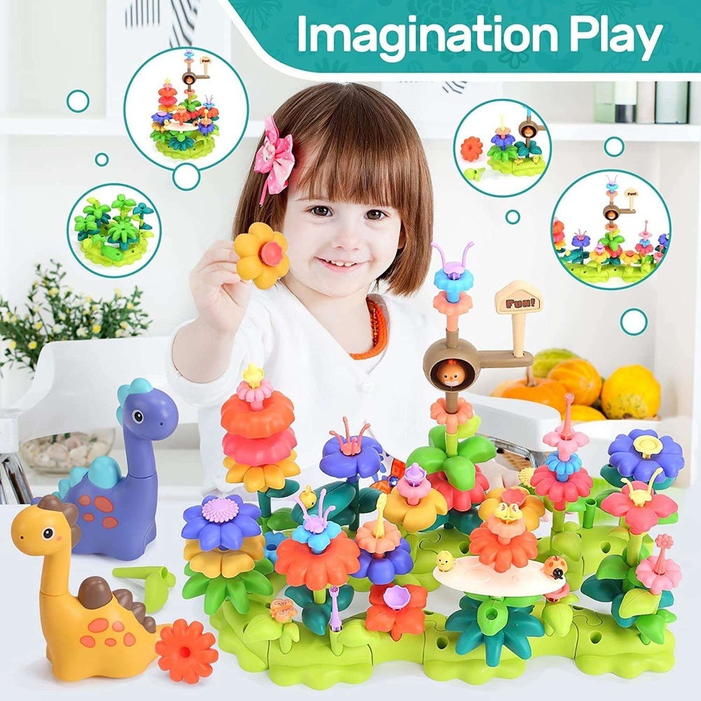 Cute Stone Flower Building Toy Set; colorful plastic garden flowers and figures for kids by CUTE STONE