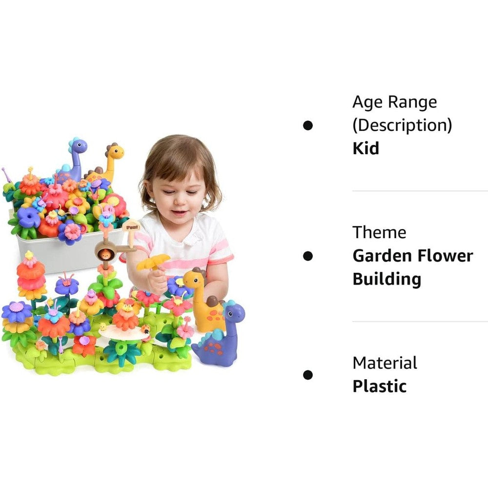 Cute Stone Flower Building Toy Set by CUTE STONE; colorful plastic flowers and dinosaur figures with a child playing