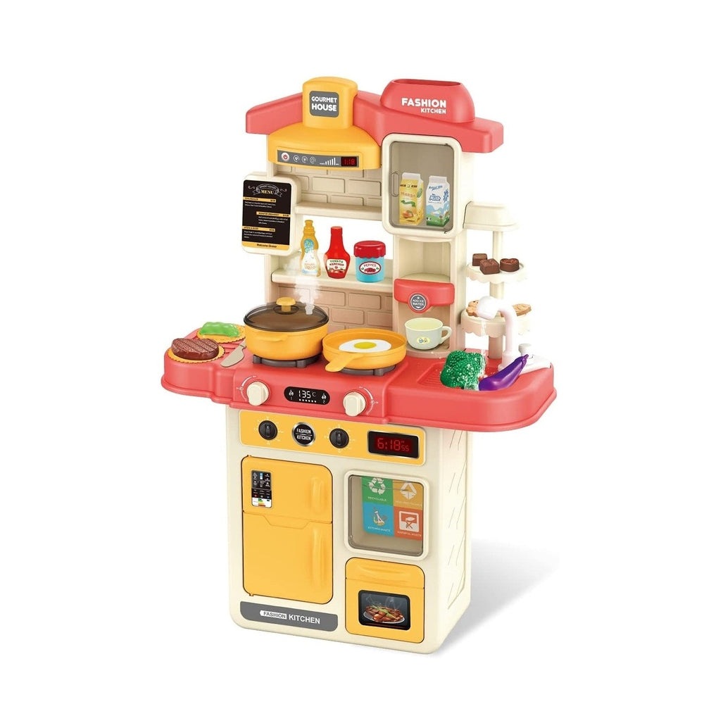 Cute Stone kids kitchen playset in red, yellow, and cream with stove, sink, oven and accessories