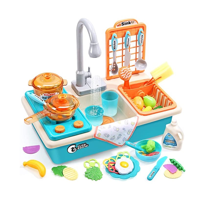 Cute Stone kitchen sink playset for kids in blue and orange with faucet, utensils and dishes