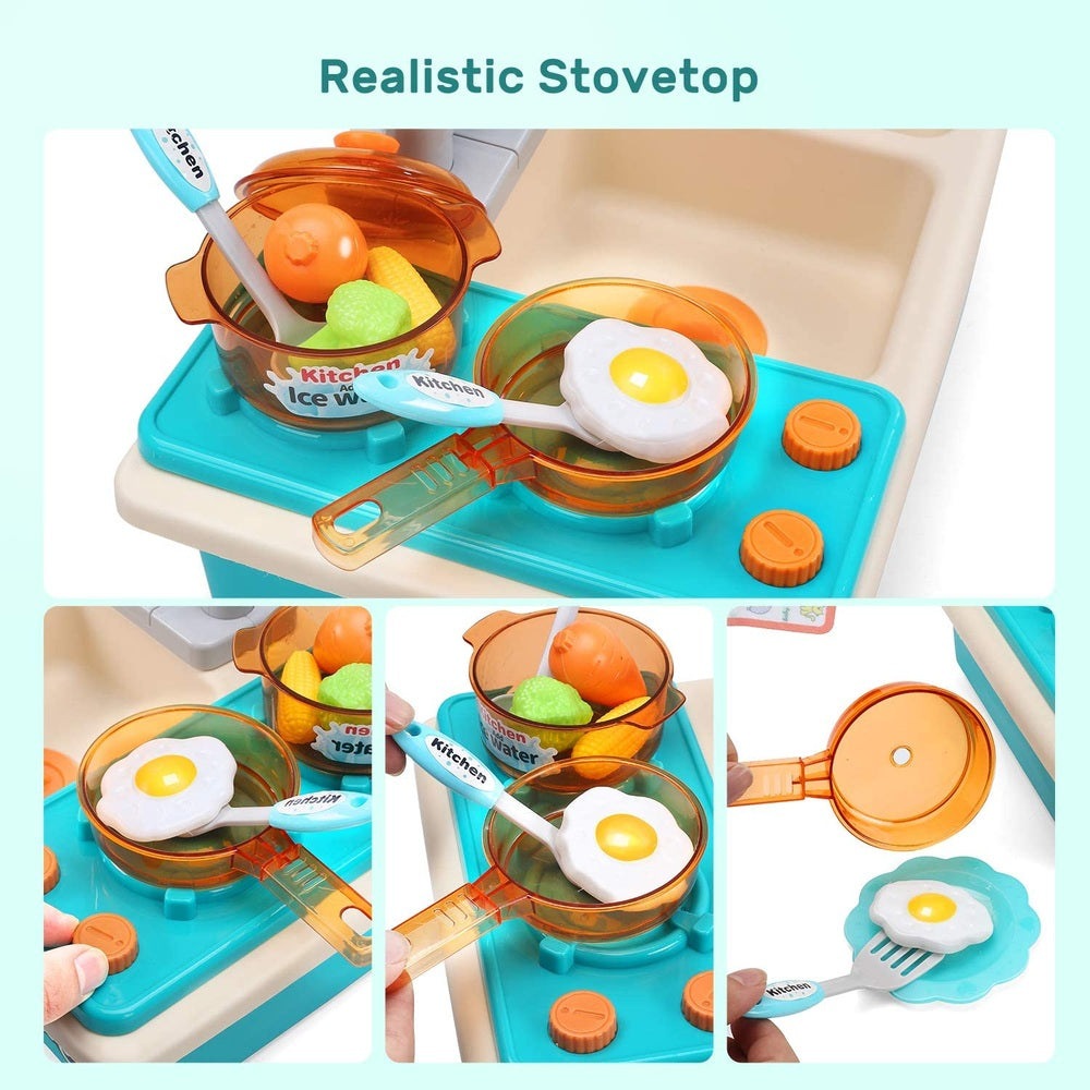 Cute Stone kitchen sink toy playset with orange pots, frying pan, eggs and utensils for toddler pretend play by Cute Stone