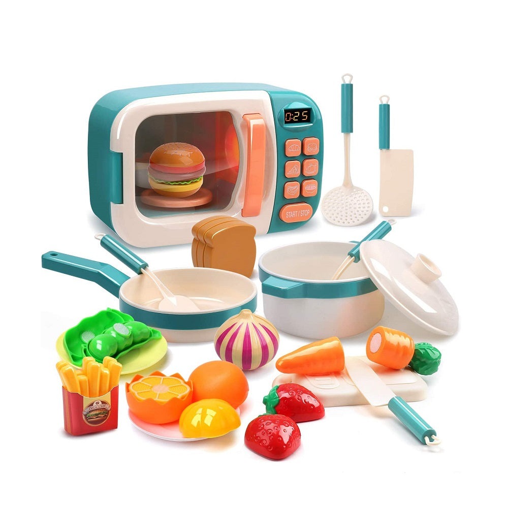Cute Stone Kids Microwave Playset with teal oven, pots, pans, utensils and pretend food