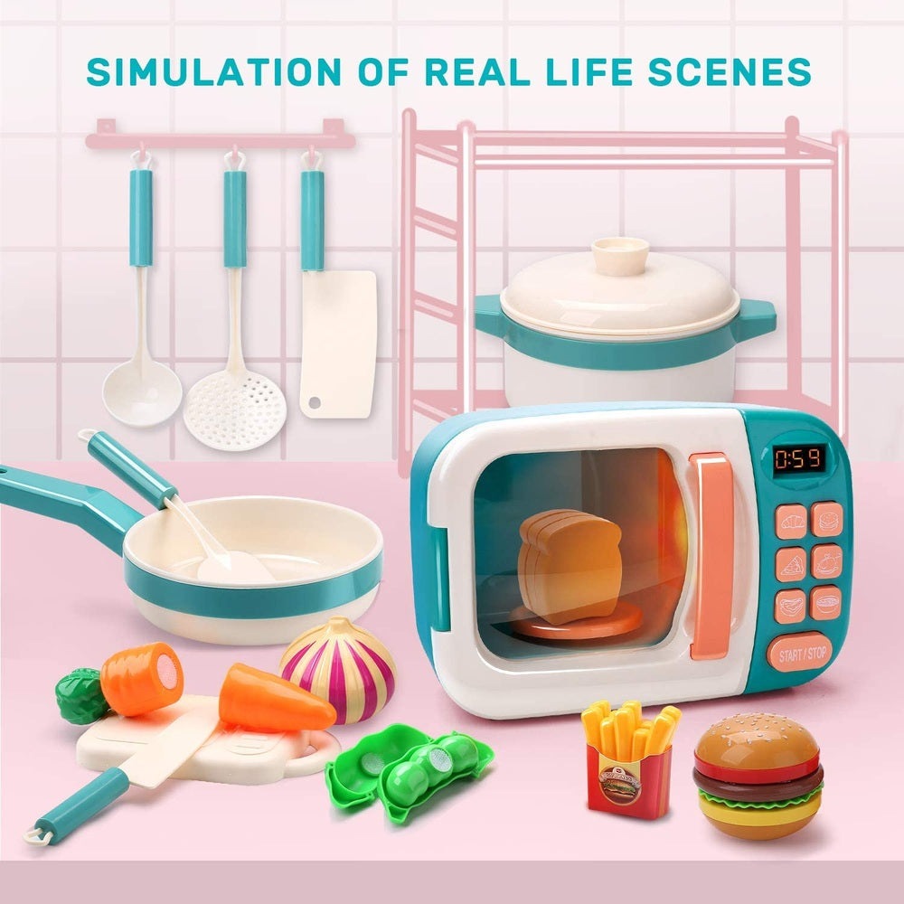 Cute Stone Kids microwave playset with teal accents; includes toy microwave, pot, pan, utensils and pretend foods.