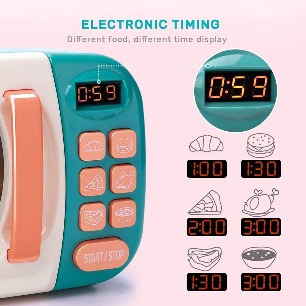 Cute Stone kids microwave playset in turquoise with peach buttons and a digital timer display; food-icon buttons included