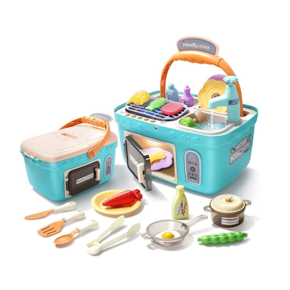 Cute Stone Kids Picnic and Kitchen Playset blue; includes toy oven, sink, utensils and accessories