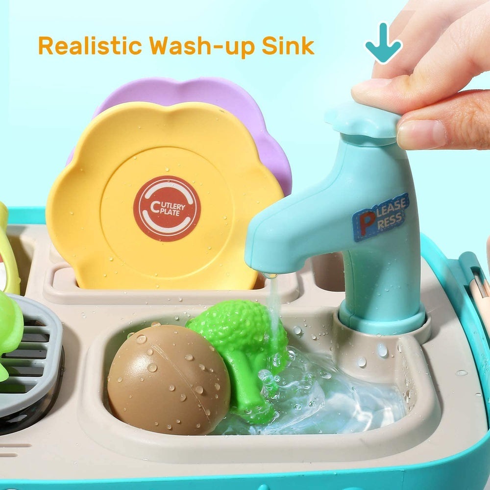 Cute Stone Kids Picnic & Kitchen Playset Blue with sink faucet and colorful dishes and accessories