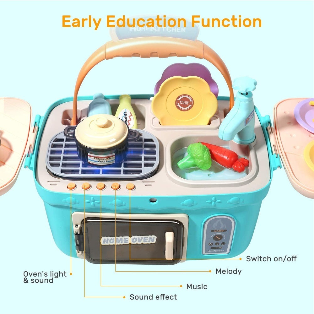 Cute Stone blue kids picnic and kitchen playset with stove, sink and cookware