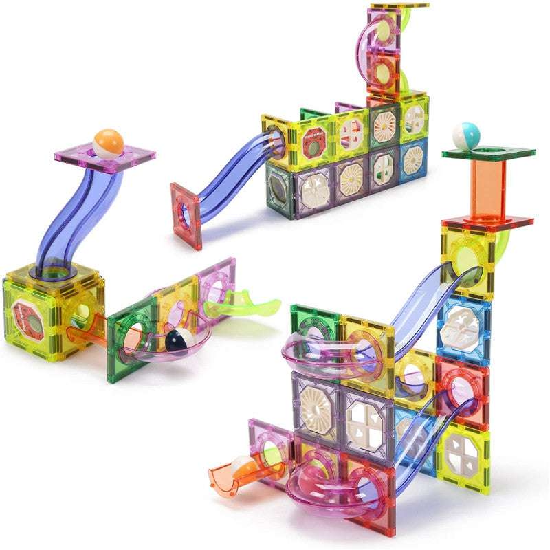Cute Stone Magnetic Tiles 85-piece building toy set with colorful translucent blocks and ramps
