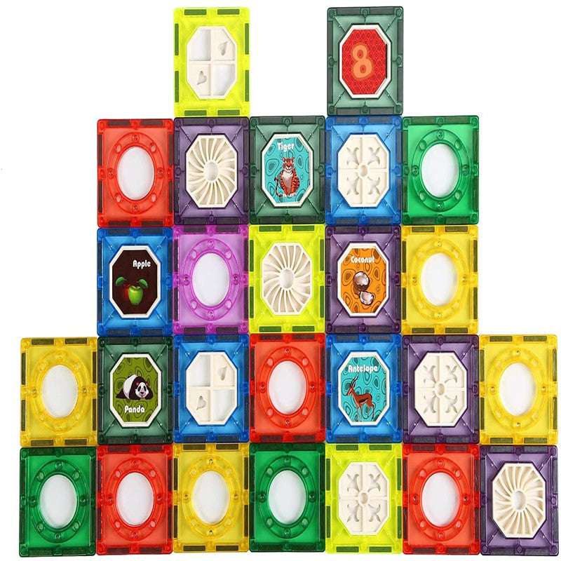 Cute Stone magnetic tiles 85pcs set; colorful square blocks for kids in red, blue, yellow and green.