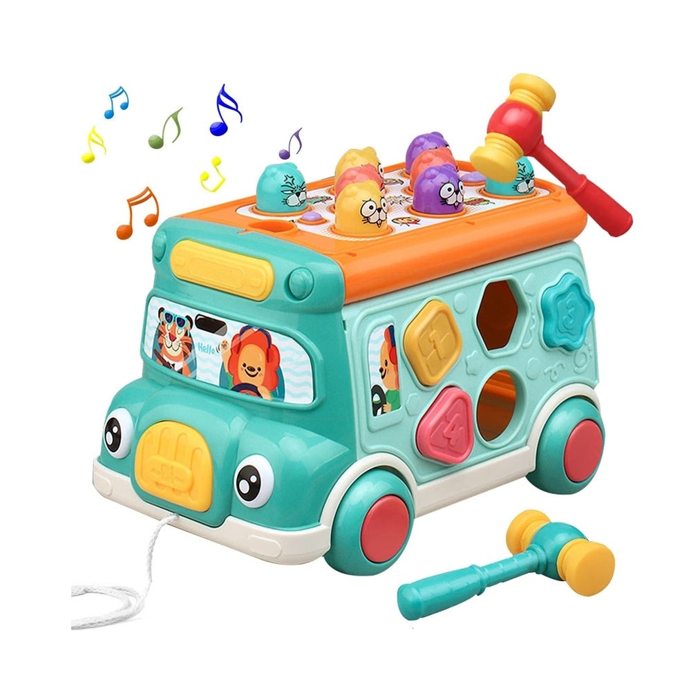Cute Stone multifunctional bus toy with colorful animal figures, hammer, and shape holes for toddlers