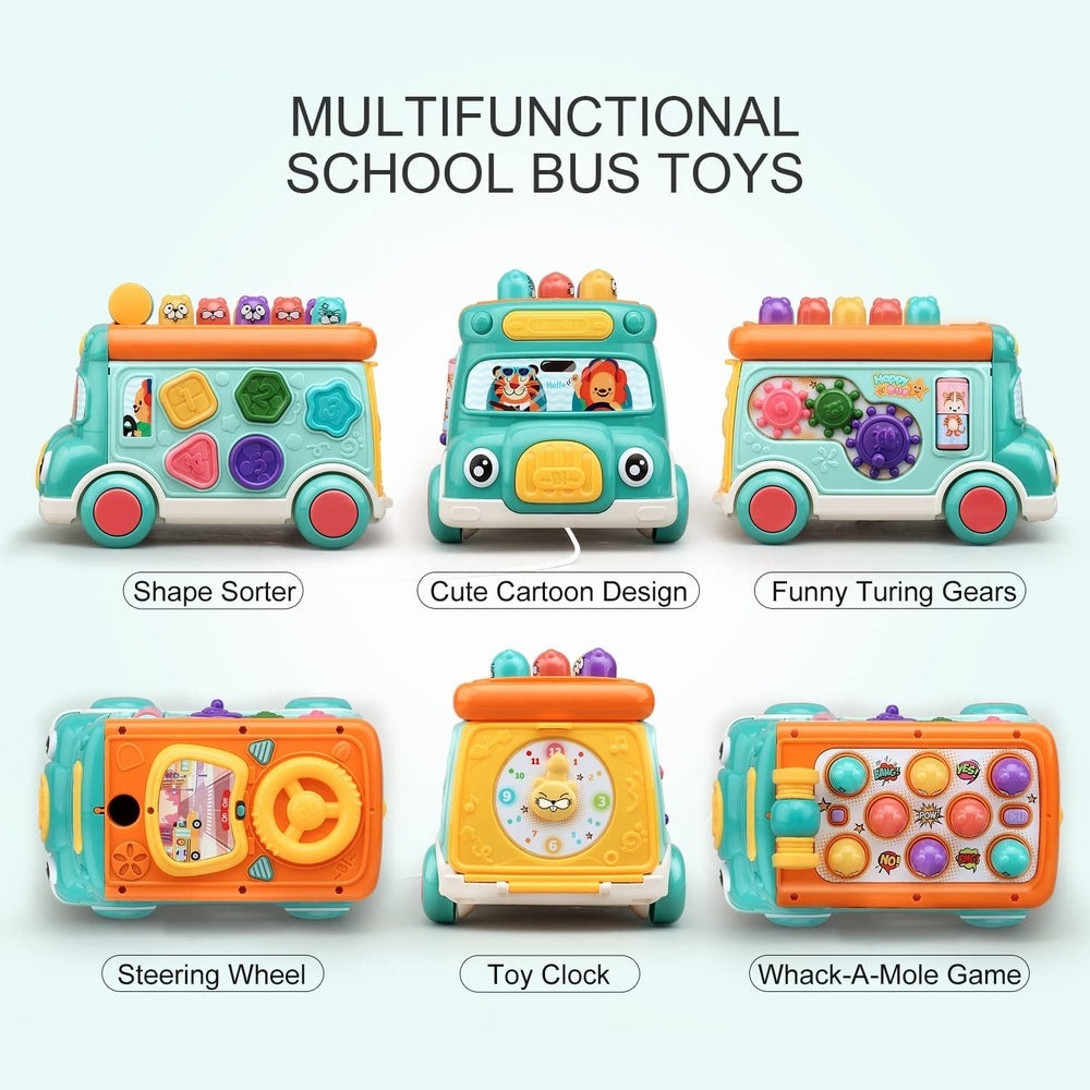 Cute Stone multifunctional bus toys set of 6 colorful plastic buses with shape sorter, clock, gears