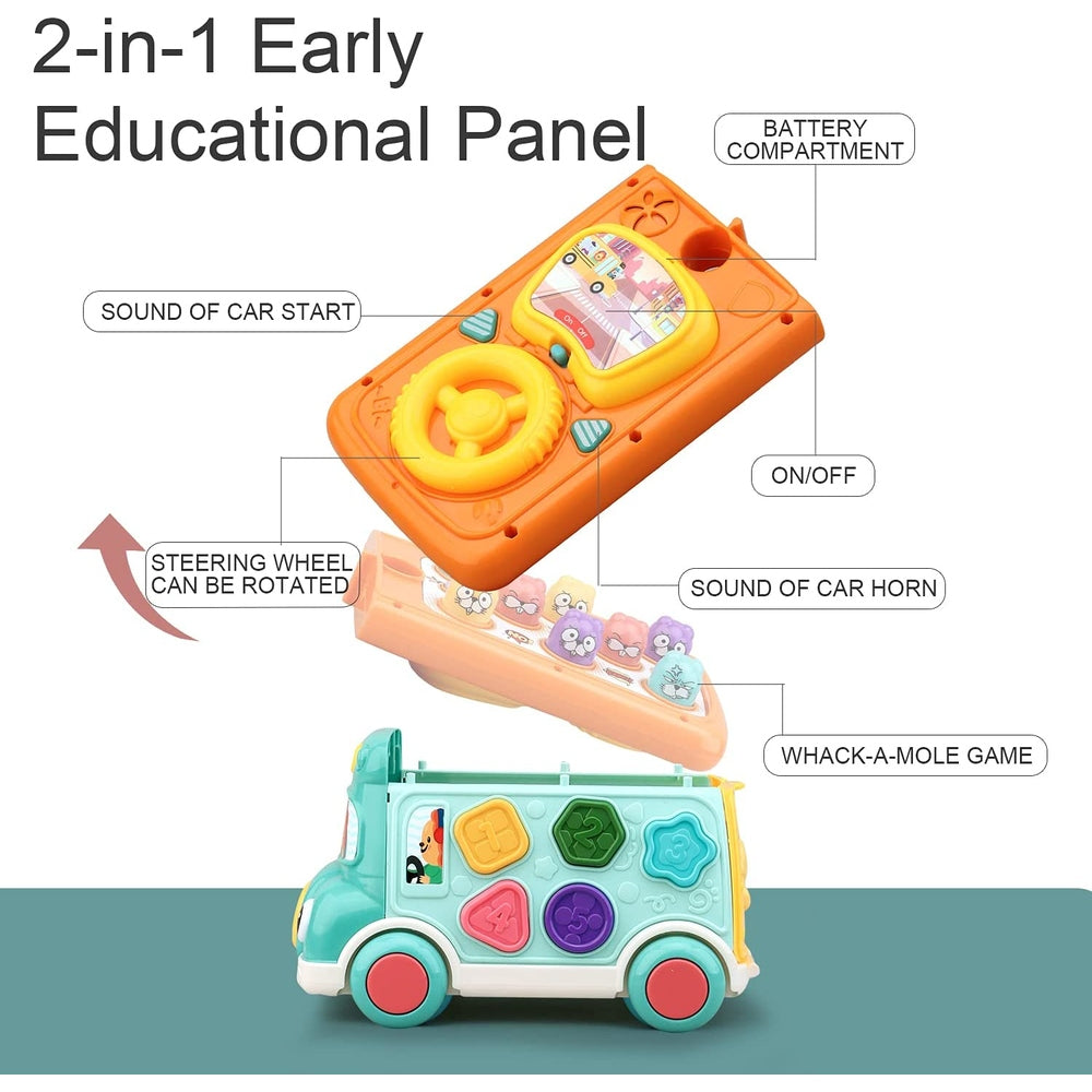 Cute Stone multifunctional bus toy with orange driving panel, steering wheel, car sounds, and Whack-A-Mole game