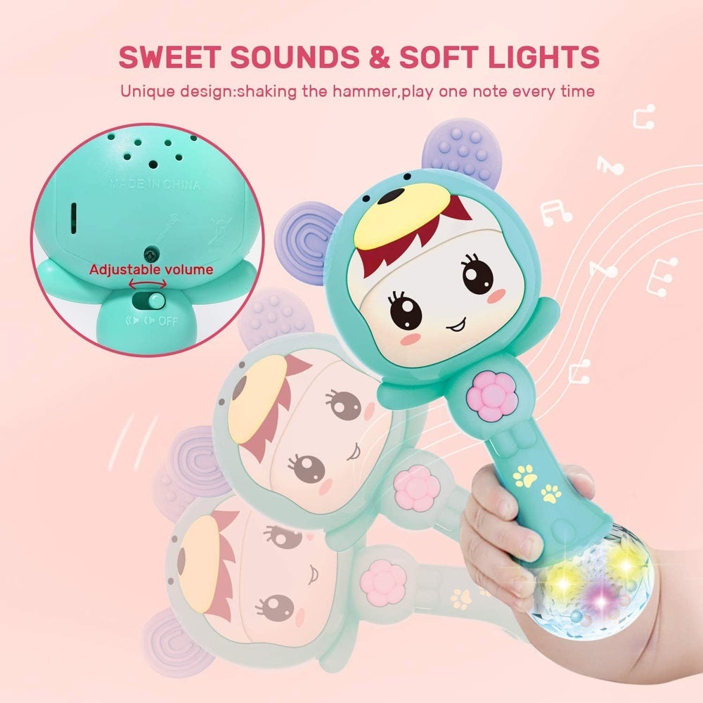 Cute Stone rattle and teether set; teal handle with light-up, multicolor ball and bear-face characters.
