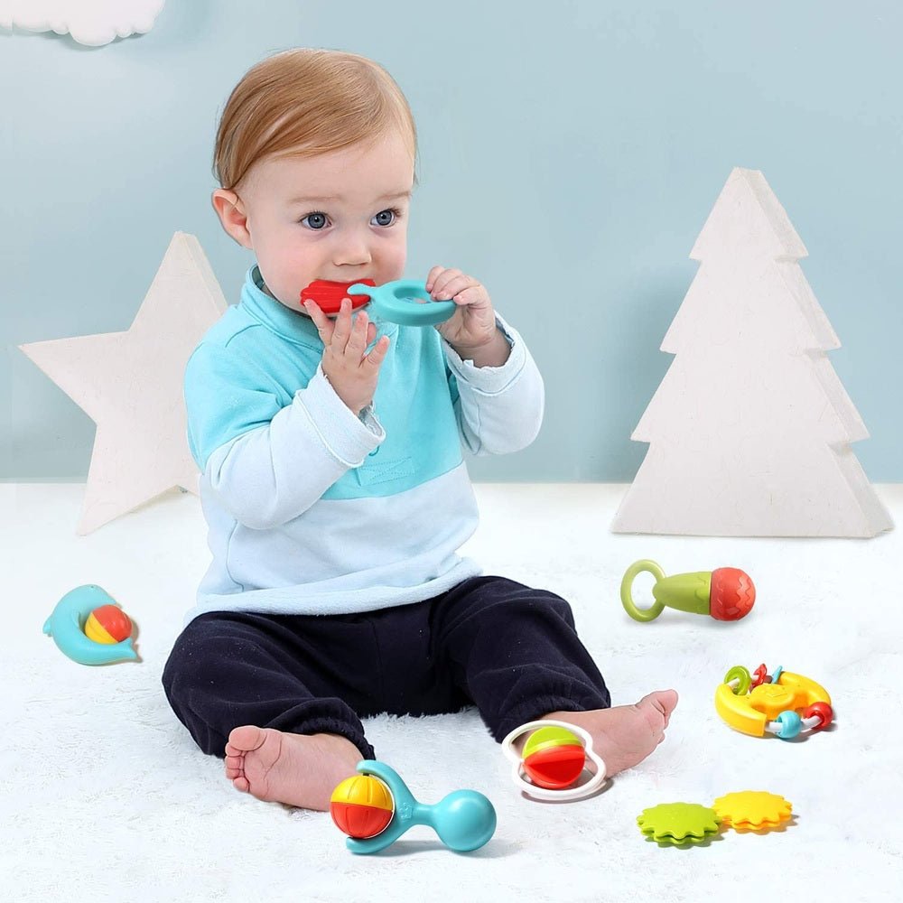 Cute Stone rattle and teether set for babies; turquoise and red teether with colorful toys around a baby