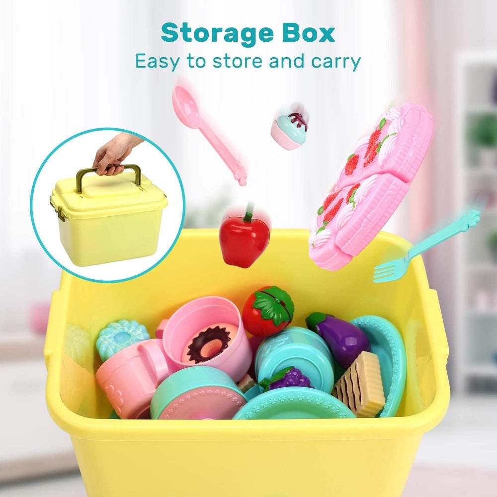 Cute Stone tea party pretend play set with pastel pink and blue accessories in a yellow storage box