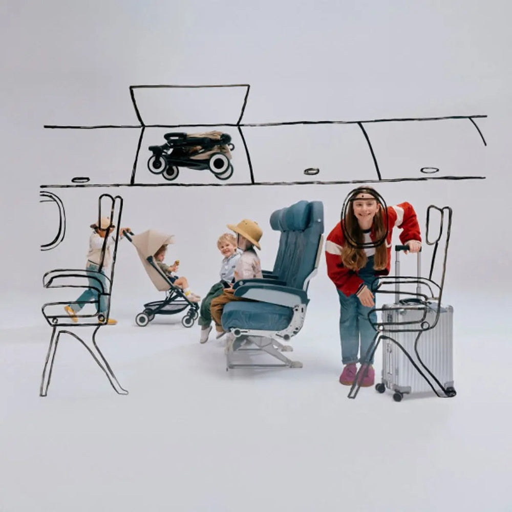 Lifestyle image of the Cybex Agis Lightweight Travel Stroller with teal seat and silver frame, compact-fold design.