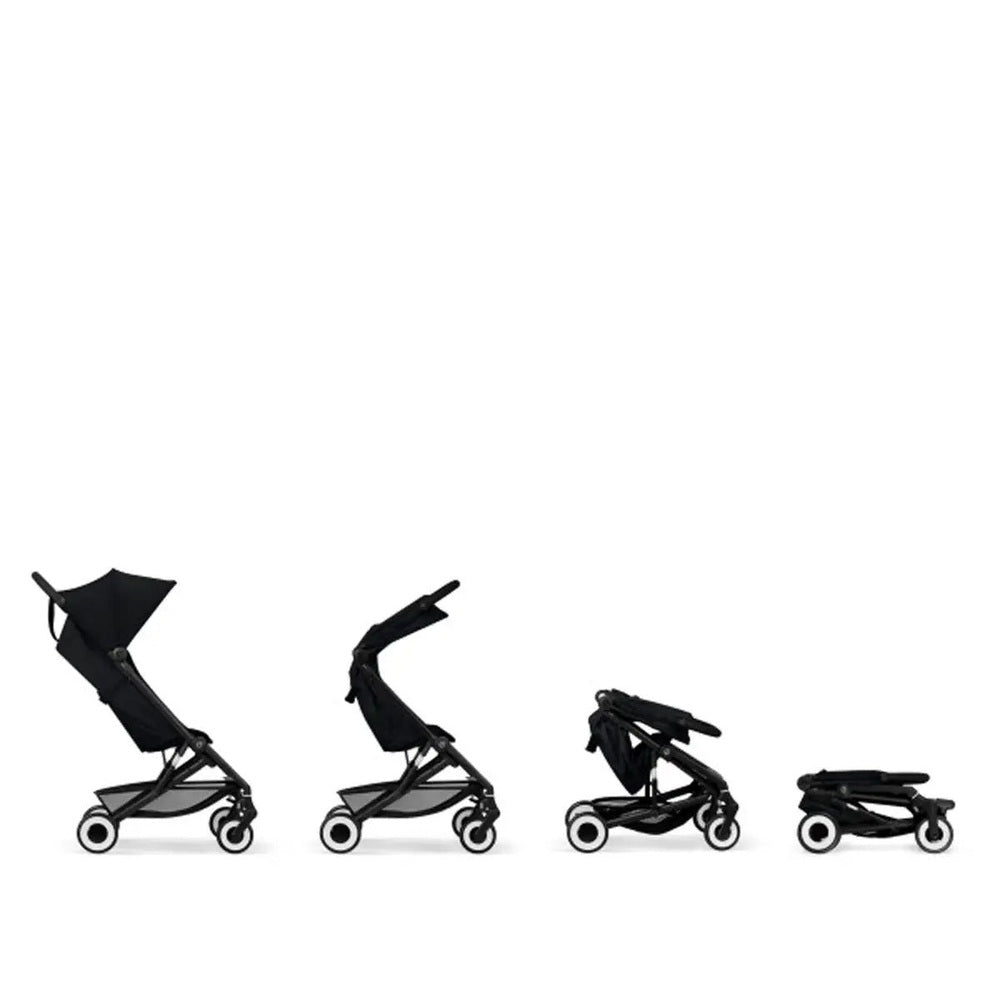 Close-up of the Cybex Agis Lightweight Travel Stroller black cybex agis travel stroller with white wheels, shown in four stages: upright, reclined, mid-fold, folded.