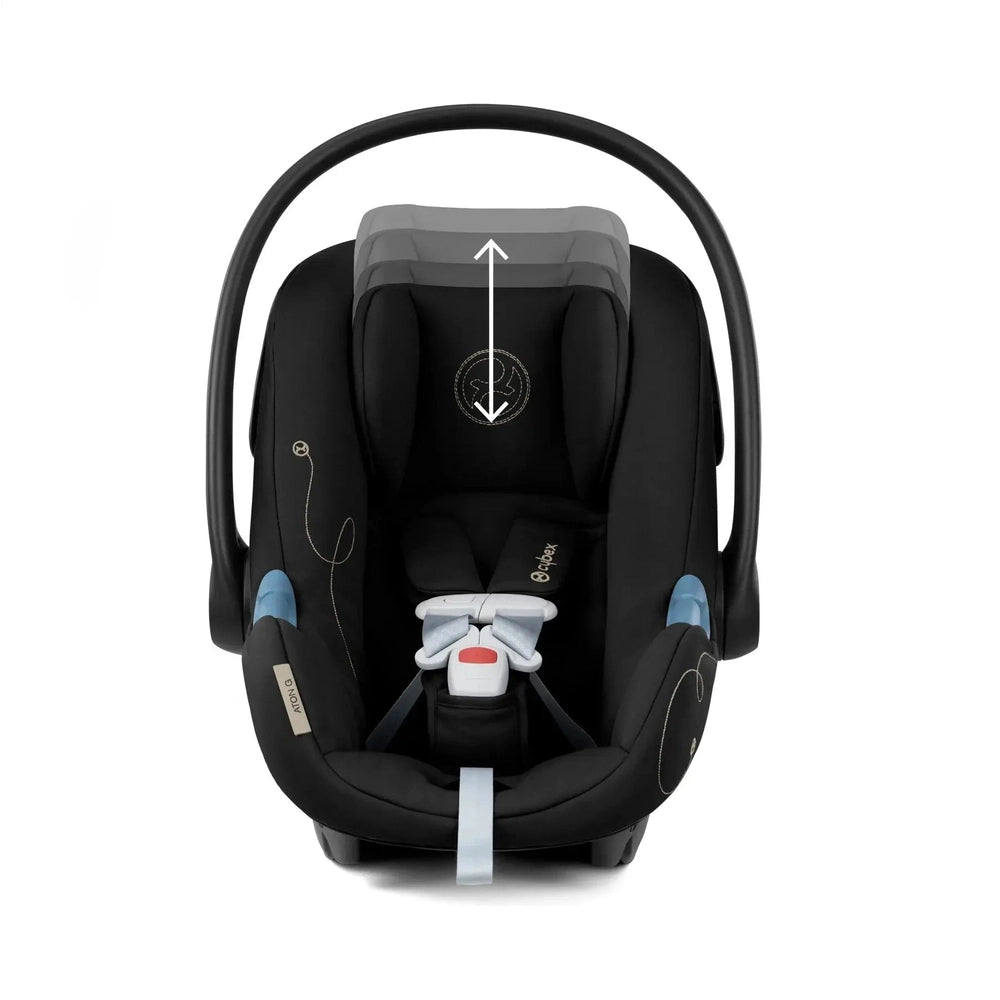 Studio product image of the Cybex Aton G Swivel Sensorsafe Infant Car Seat with black with gray head support, arrows indicate adjustable backrest.