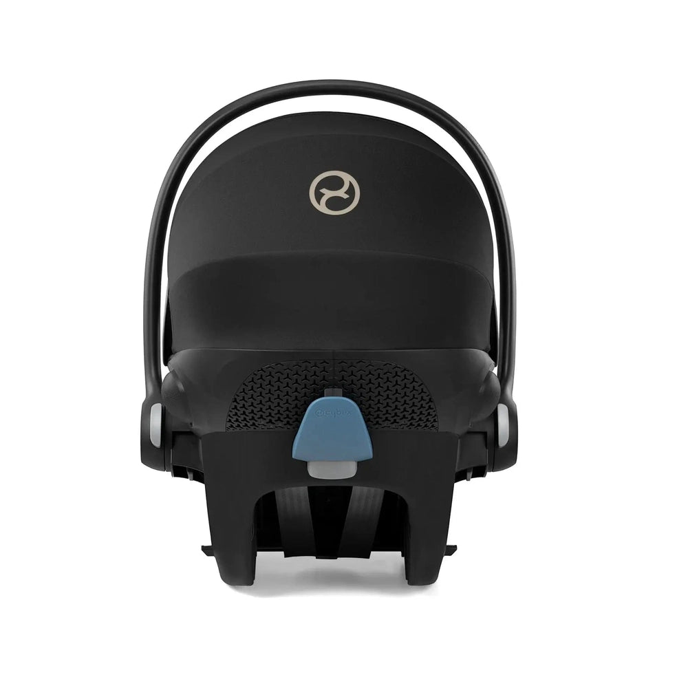 Close-up of the Cybex Aton G Swivel Sensorsafe Infant Car Seat -black with blue buckle, curved carrying handle.
