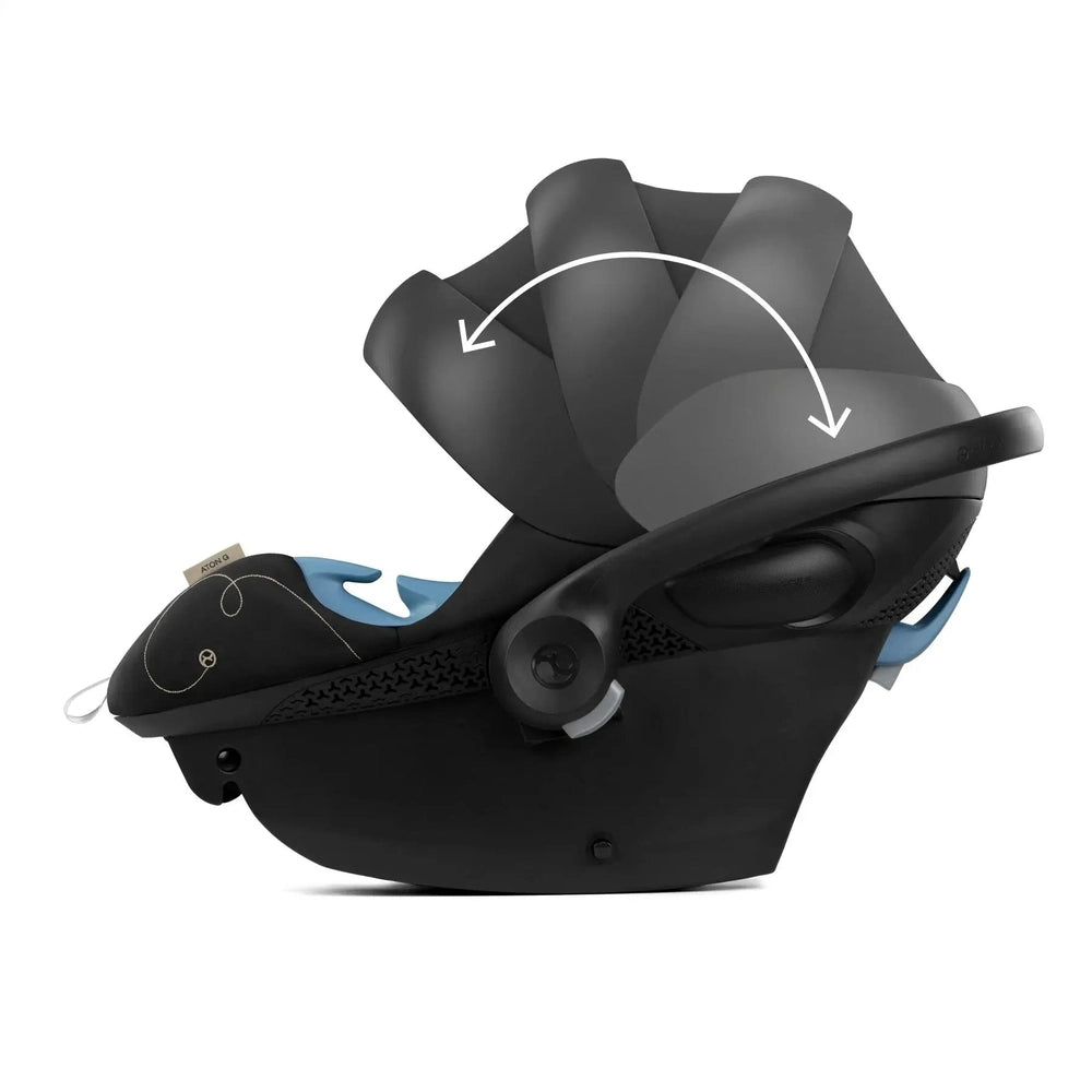 Studio product image of the Cybex Aton G Swivel Sensorsafe Infant Car Seat in black with blue accents, canopy swiveling over the seat.
