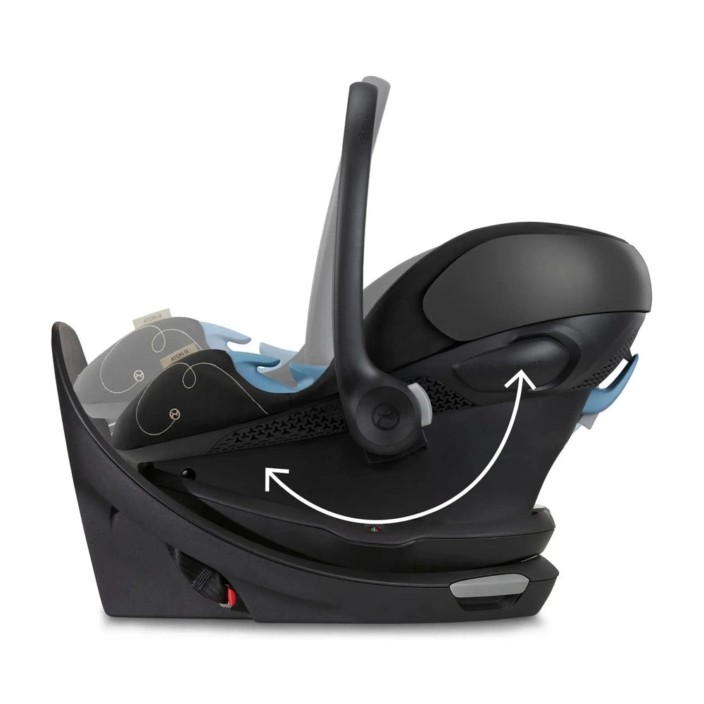 Feature graphic showing the Cybex Aton G Swivel Sensorsafe Infant Car Seat in black with swiveling base shown for easy rotation.