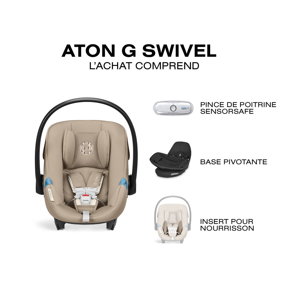 Close-up of the Cybex Aton G Swivel Sensorsafe Infant Car Seat beige cybex aton g infant car seat with black curved handle, sensorsafe chest clip, swivel base, and infant insert.