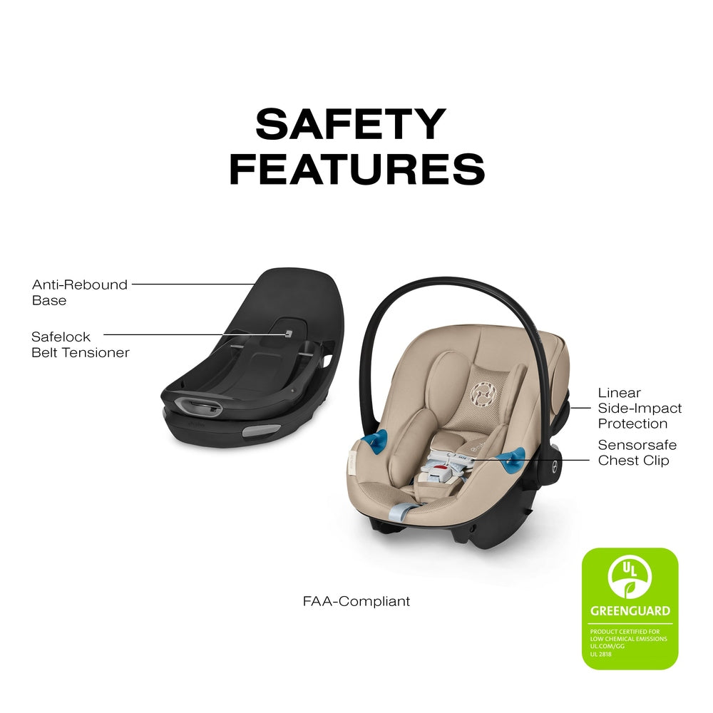 Studio product image of the Cybex Aton G Swivel Sensorsafe Infant Car Seat with beige cybex aton g infant car seat with black base; blue sensorsafe chest clip and safety features diagram.