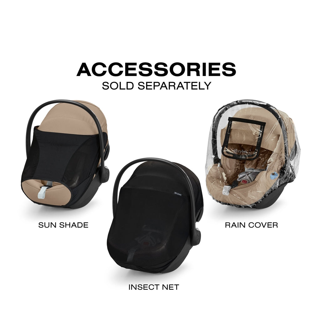 Close-up of the Cybex Aton G Swivel Sensorsafe Infant Car Seat three cybex infant car-seat accessories: tan sun shade with black frame, black insect net, clear rain cover with tan lining.