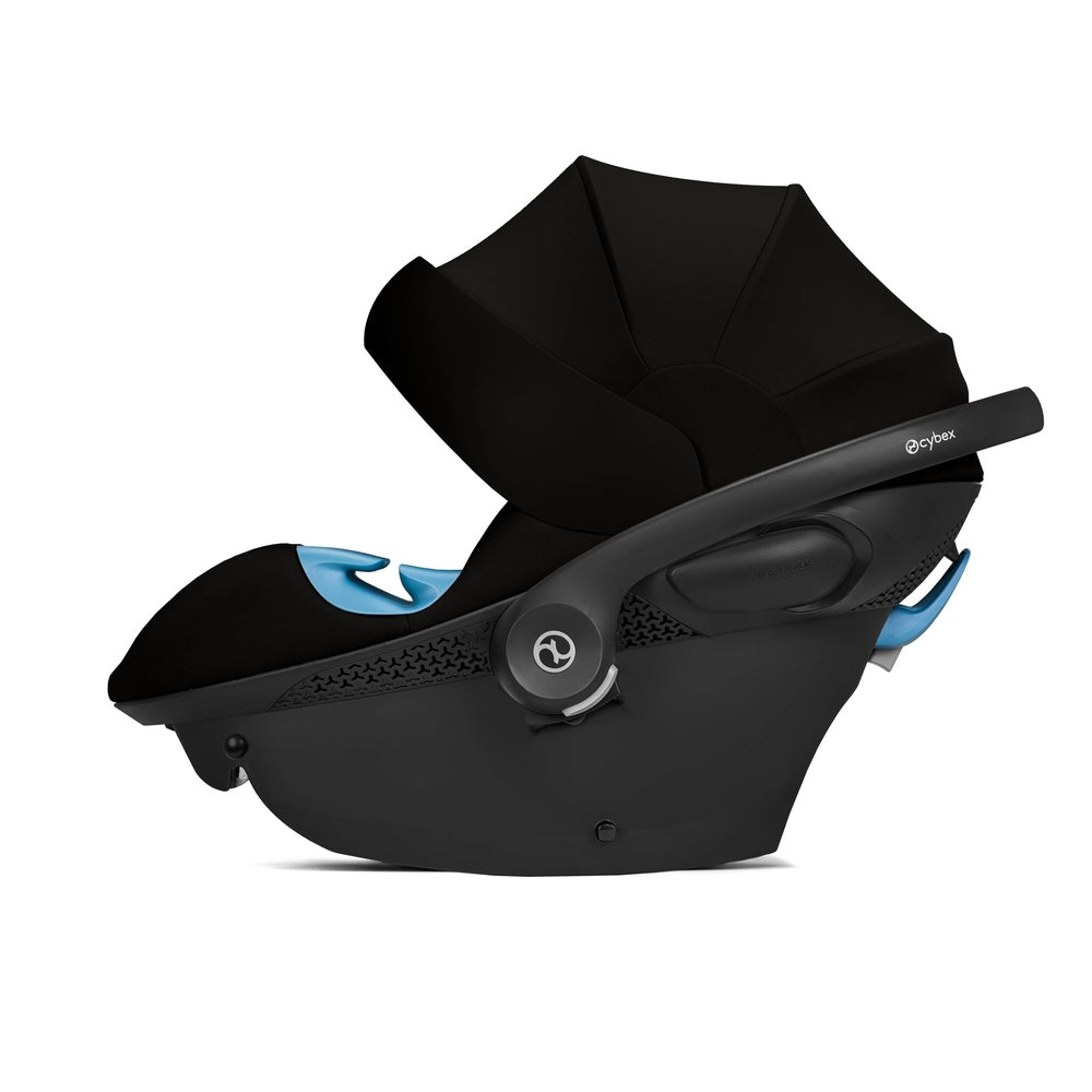 Close-up of the Cybex Aton G Swivel Sensorsafe Infant Car Seat black cybex aton g infant car seat with blue accents and a swiveling handle.