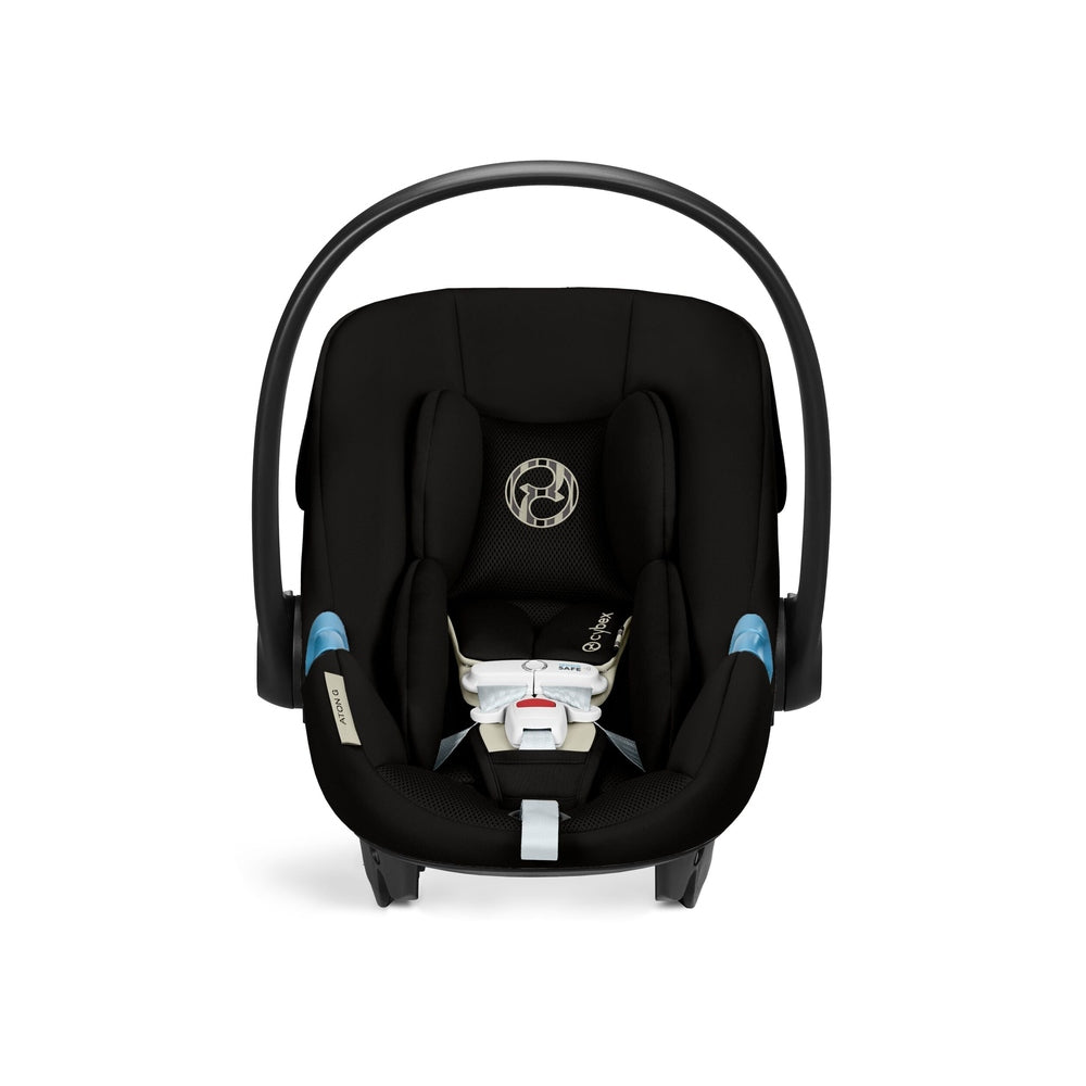 Close-up of the Cybex Aton G Swivel Sensorsafe Infant Car Seat black fabric cybex aton g infant car seat with curved handle, blue side accents, and five-point harness.