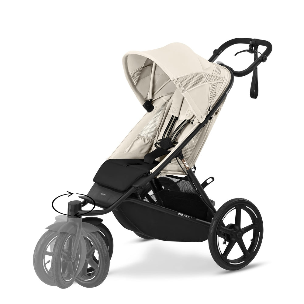 Close-up of the Cybex Avi Spin All Terrain Stroller in beige with large wheels and sun canopy, ready to push on all terrains.