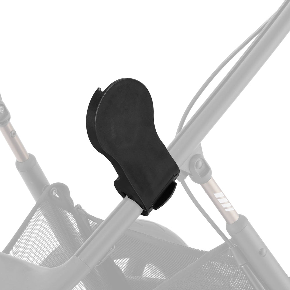 Lifestyle image of the Cybex Avi Spin All Terrain Stroller with black accessory clip mounted on the frame.