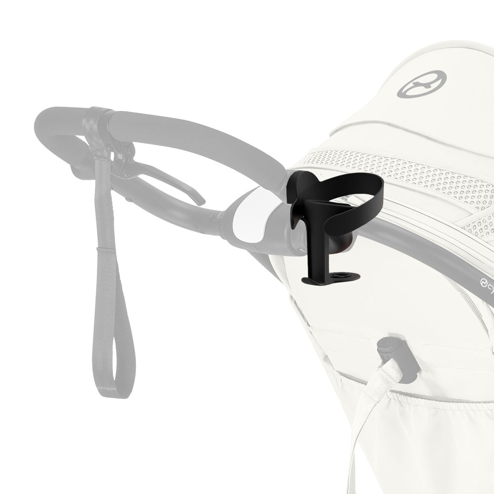 Close-up of the Cybex Avi Spin All Terrain Stroller with black cup holder mounted to the gray handlebar.