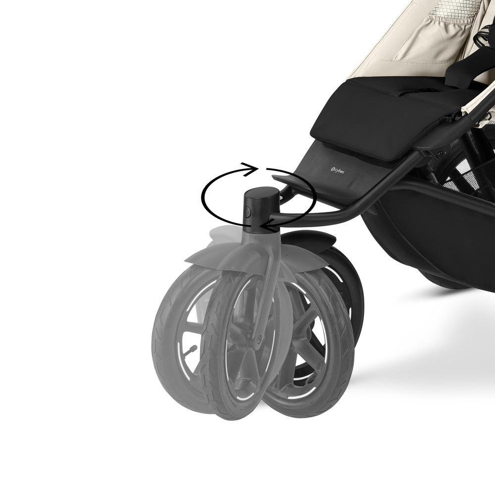 Close-up of the Cybex Avi Spin All Terrain Stroller in black frame with beige seat, front wheels and twist-to-lock knob in use.