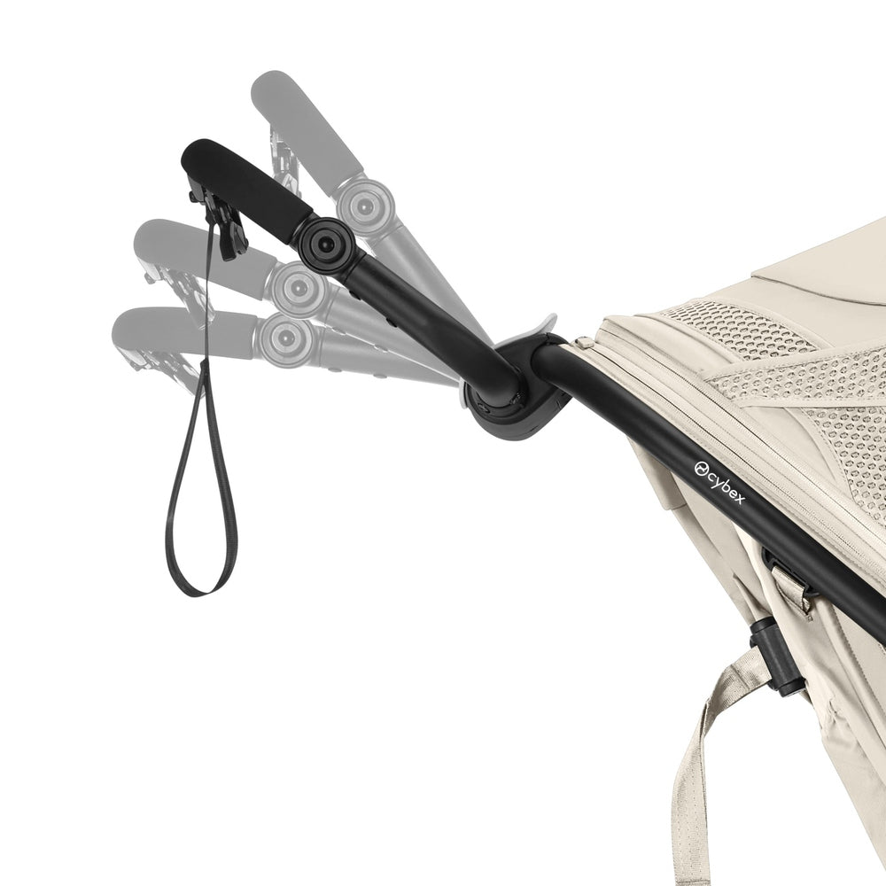 Close-up of the Cybex Avi Spin All Terrain Stroller handle with padded grip and wrist strap, beige seat, showing adjustable positions.