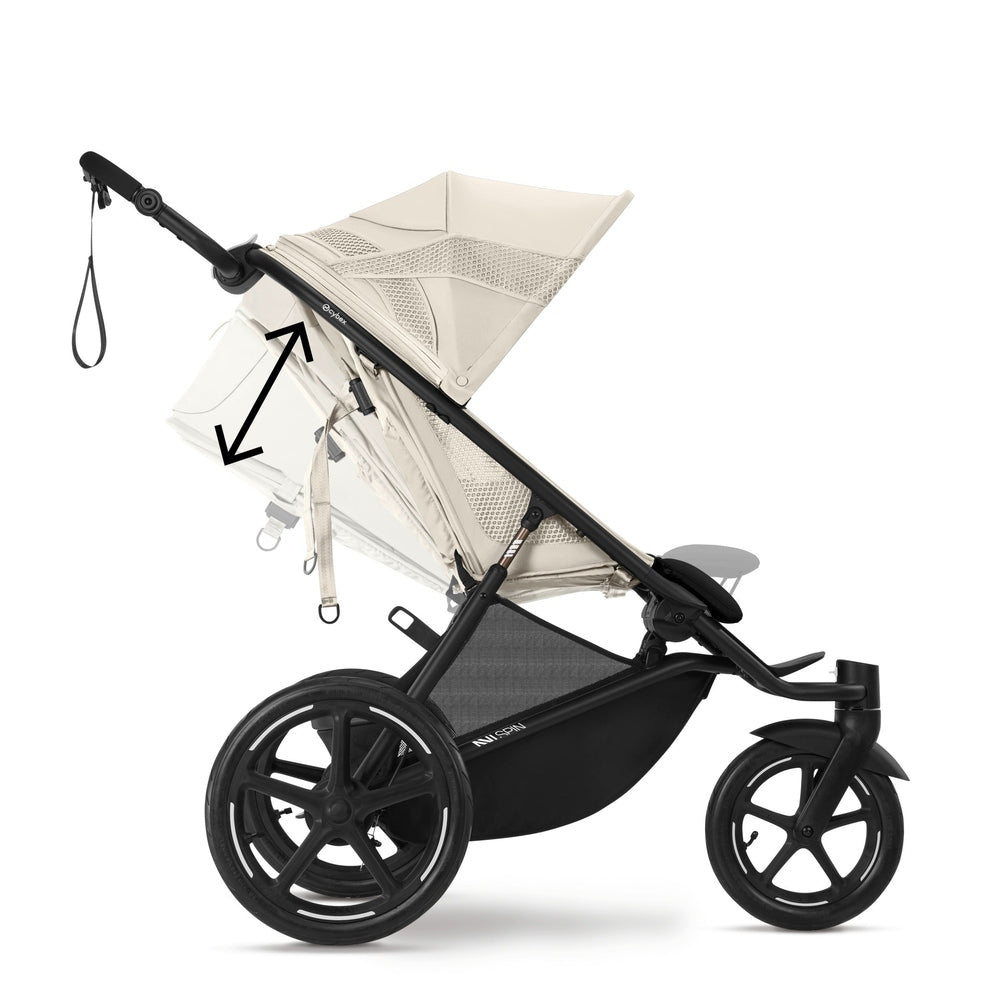 Close-up of the Cybex Avi Spin All Terrain Stroller beige with black frame and large wheels, showing its adjustable handle for smooth off-road strolling.