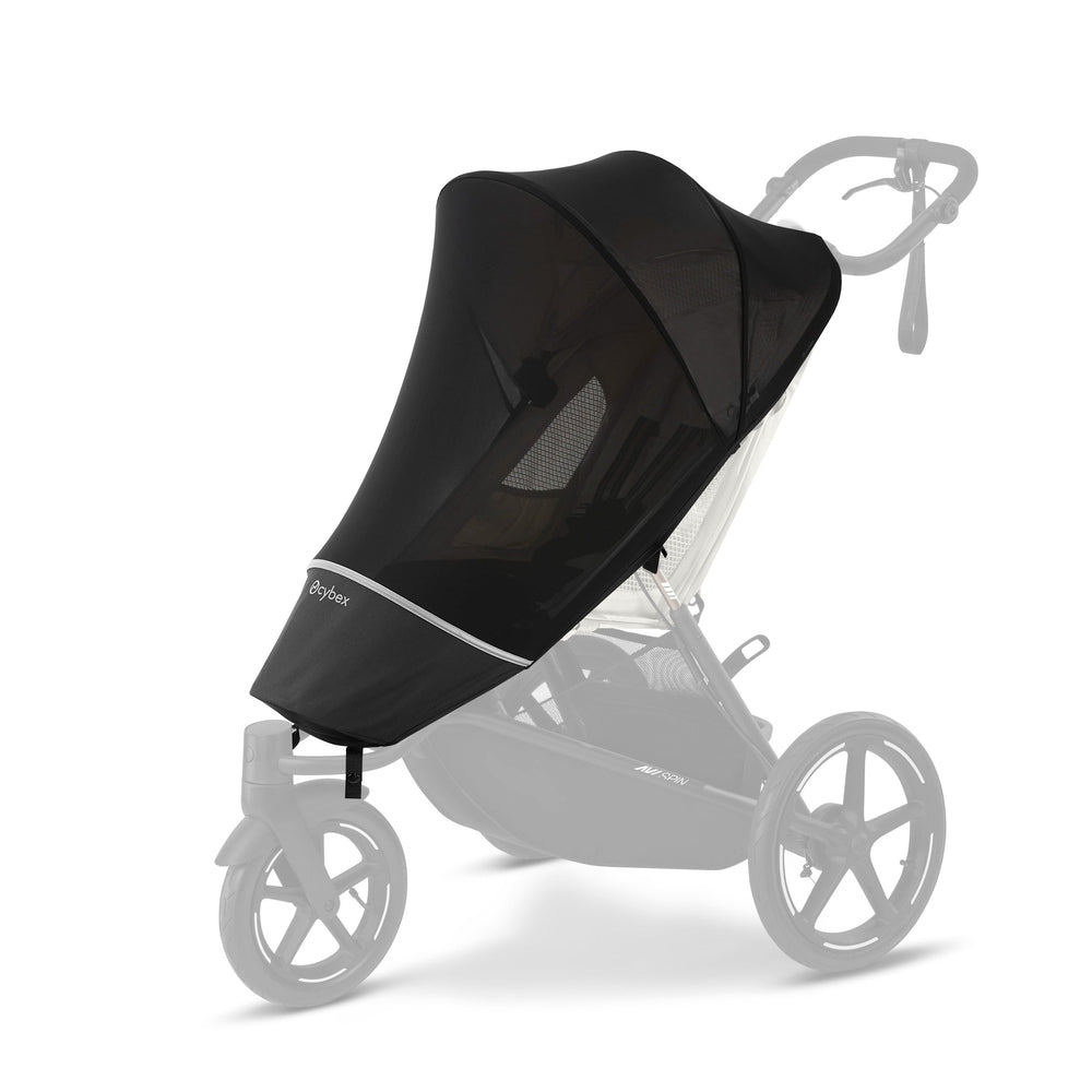 Close-up of the Cybex Avi Spin All Terrain Stroller in black, canopy extended over seat with visible wheels.