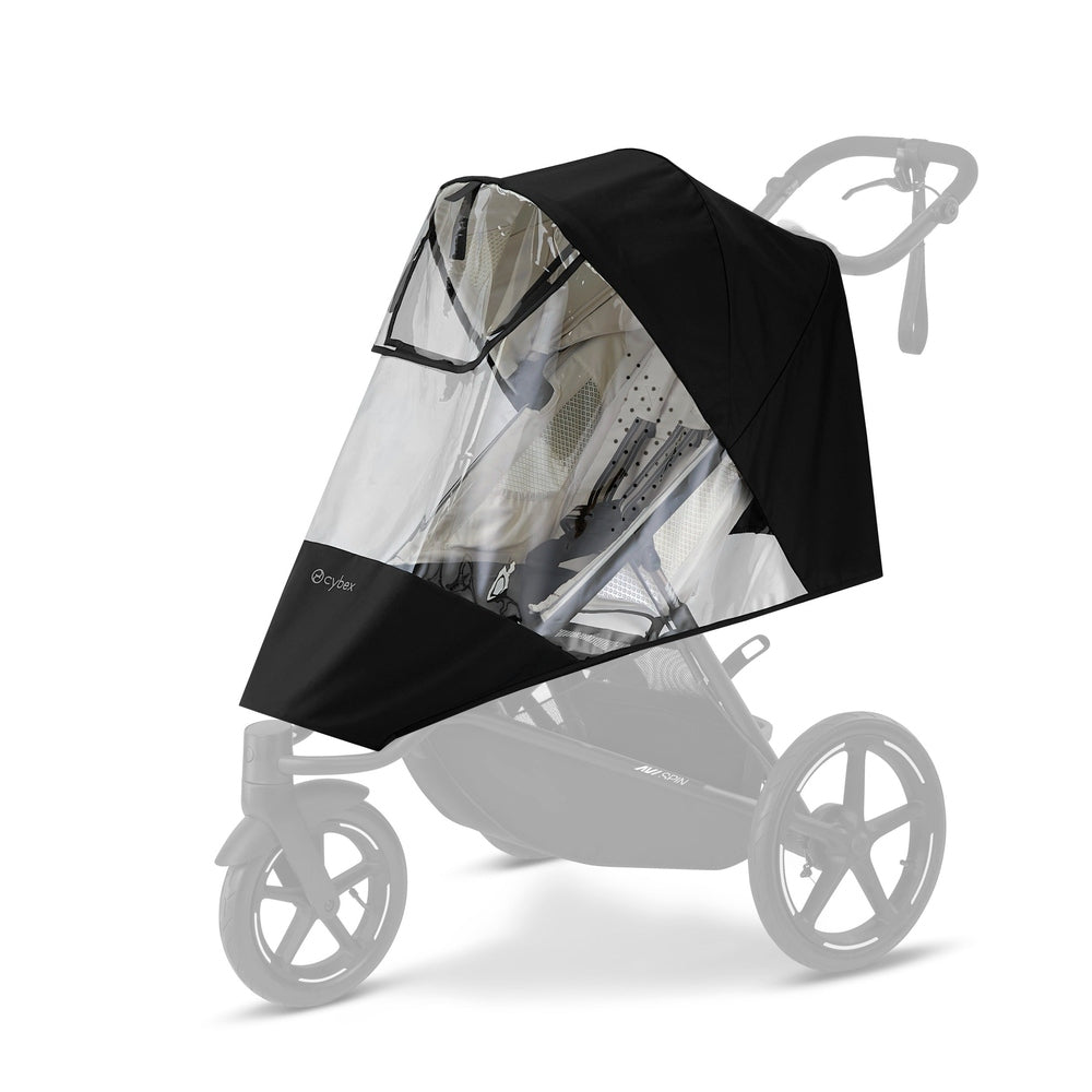 Lifestyle image of the Cybex Avi Spin All Terrain Stroller with clear rain cover and black canopy, showcasing the seat area.