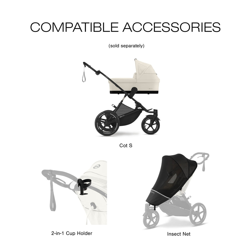 Lifestyle image of the Cybex Avi Spin All Terrain Stroller with beige bassinet, showing a 2-in-1 cup holder and insect net.
