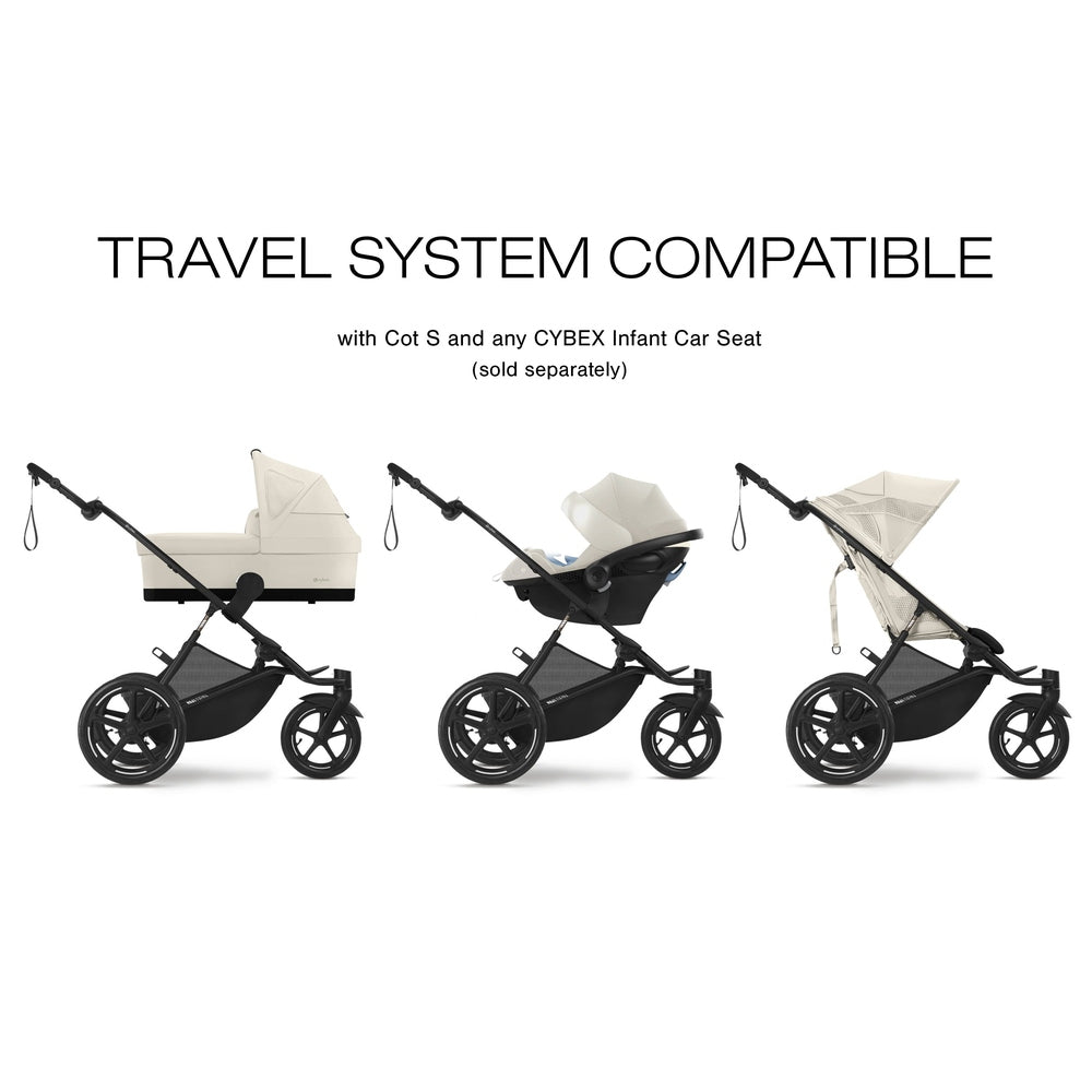 Lifestyle image of the Cybex Avi Spin All Terrain Stroller in black frame with beige bassinet and seat, shown in three configurations.