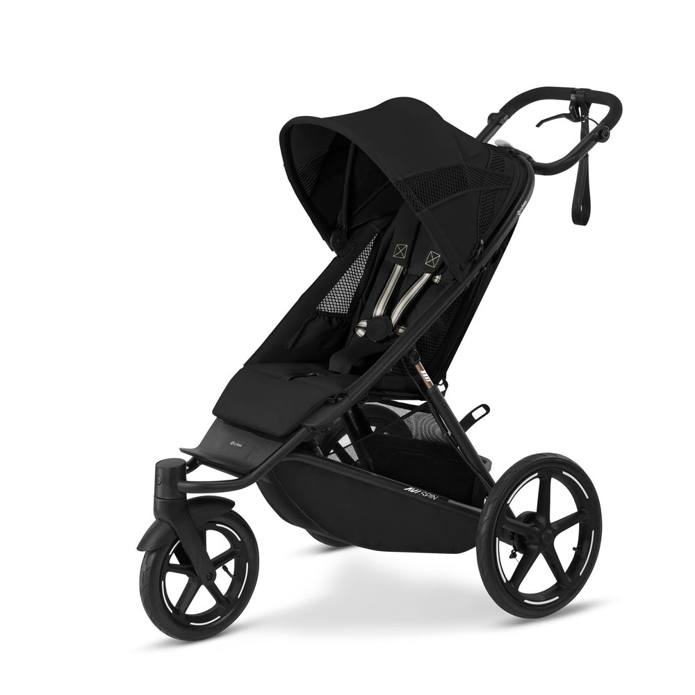 Close-up of the Cybex Avi Spin All Terrain Stroller in black, 3-wheel jogger with adjustable handle being pushed by parent.