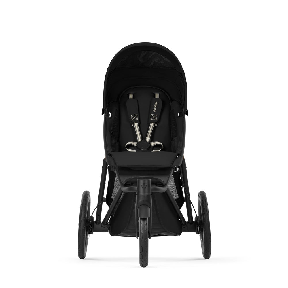 Close-up of the Cybex Avi Spin All Terrain Stroller in black, front view with three wheels and secured 5-point harness.