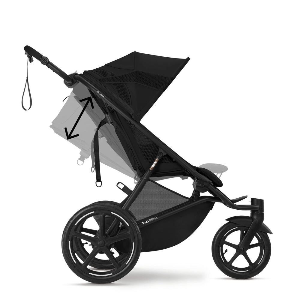Close-up of the Cybex Avi Spin All Terrain Stroller in black with large rear wheels and adjustable seat recline for all terrains.