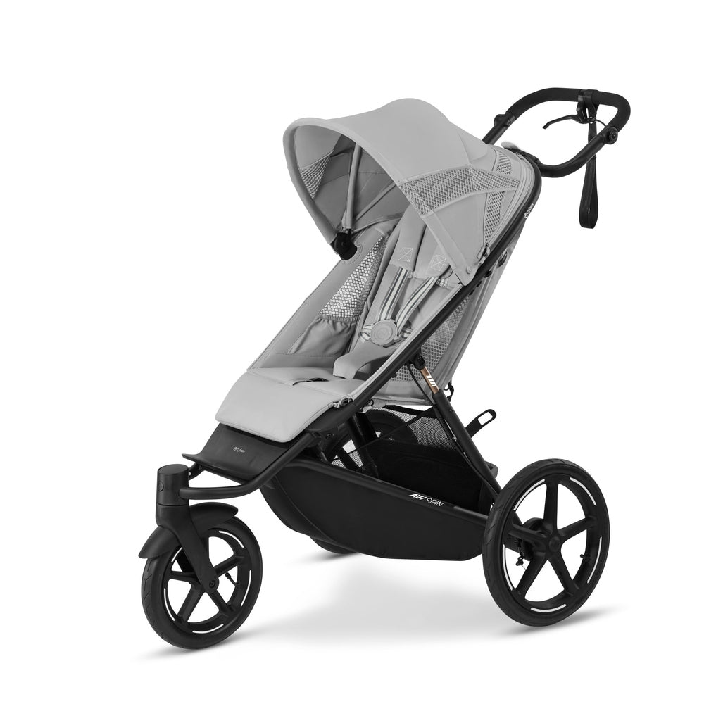 Close-up of the Cybex Avi Spin All Terrain Stroller in gray with 3 wheels, sun canopy, and mesh seat, ready to push.