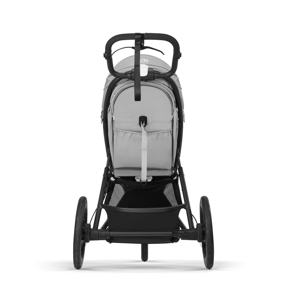 Close-up of the Cybex Avi Spin All Terrain Stroller in grey, sturdy frame with large wheels ready for off-road pushing.