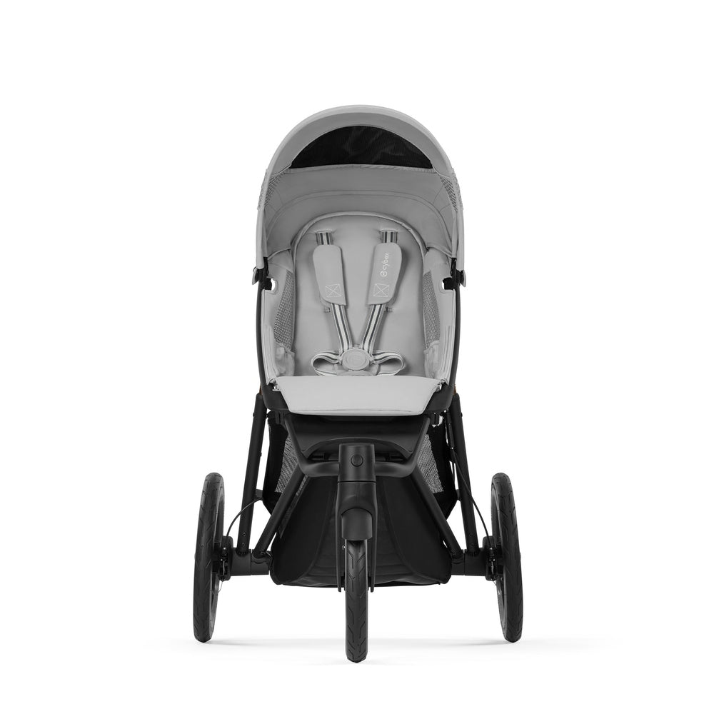 Close-up of the Cybex Avi Spin All Terrain Stroller in grey, front view shows sturdy frame, large wheels, and padded 5-point harness.