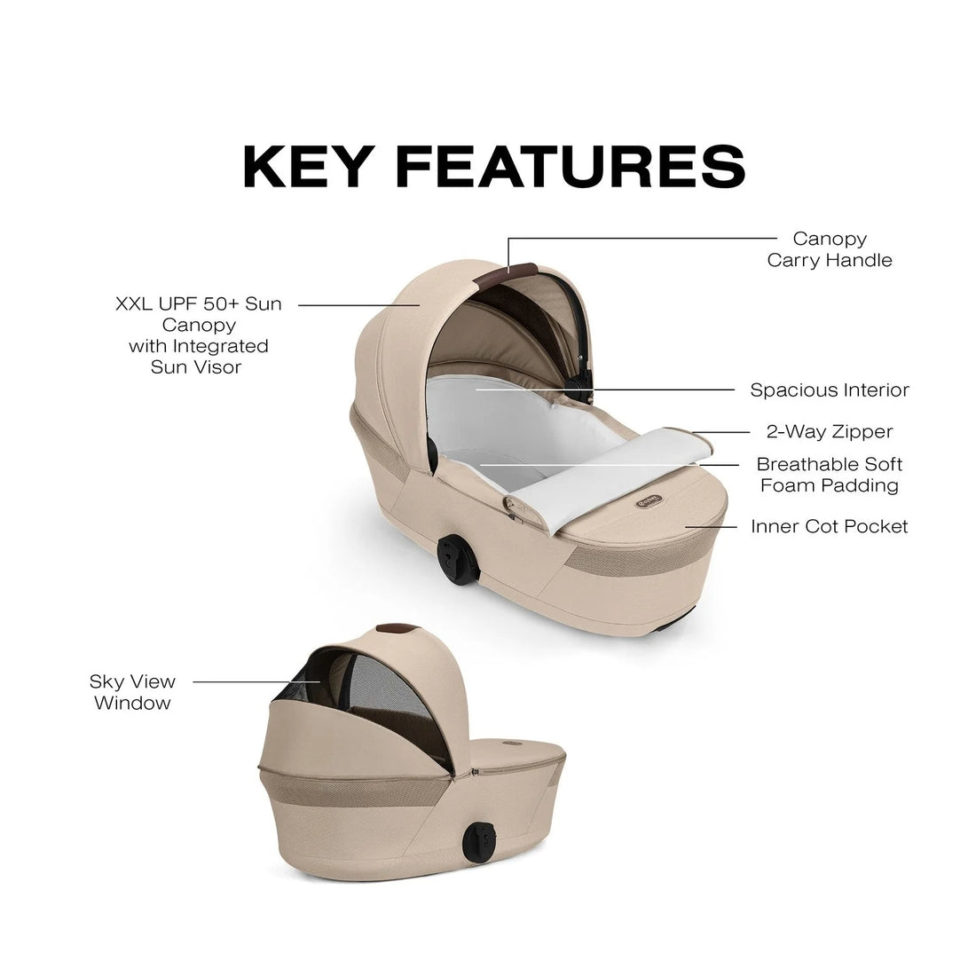 Almond Beige Cybex Balios Fold Cot annotated feature overview with canopy, zipper, padding and mesh window